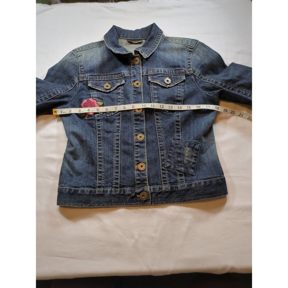 DKNY Juniors Jacket Blue Denim Collared Buttons Patches And Heart Logo Size L - Picture 6 of 16